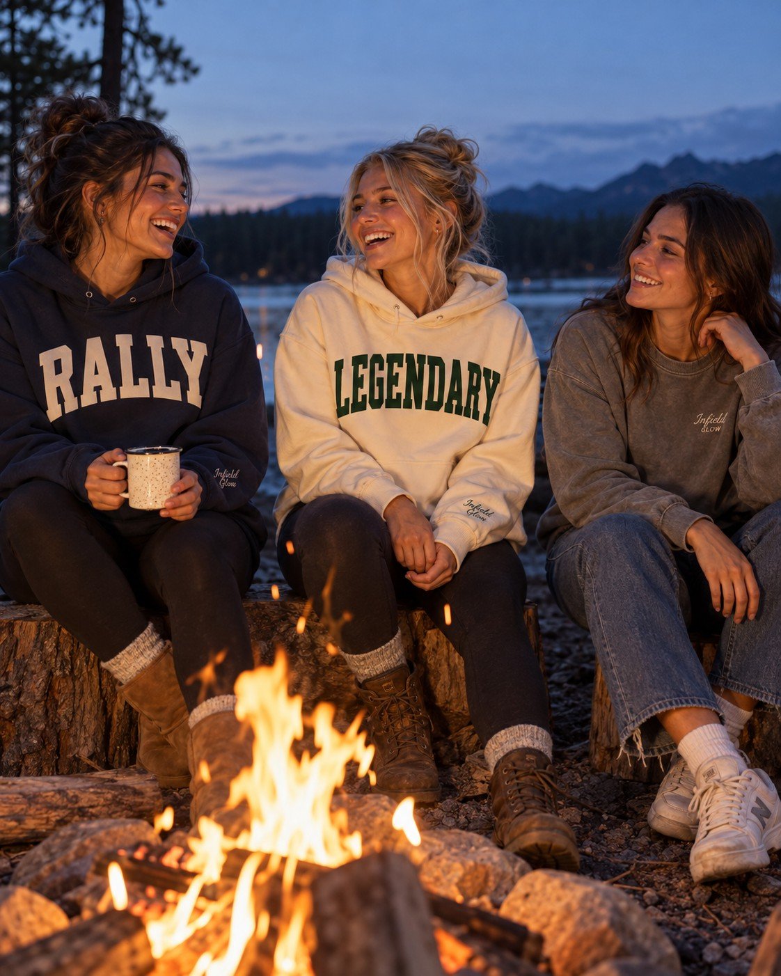 Three friends around a bonfire at dusk in the RALLY hoodie, Legendary hoodie and Script Crew