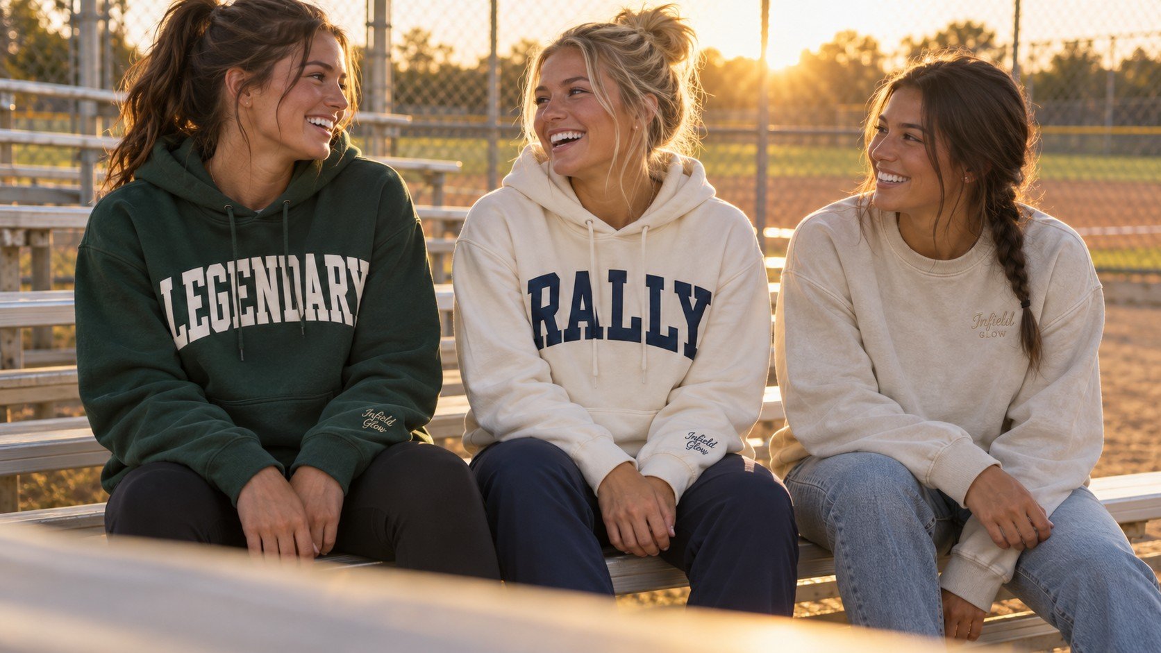 Three teammates on the bleachers at golden hour in the Legendary hoodie, RALLY hoodie and Infield Glow Script Crew