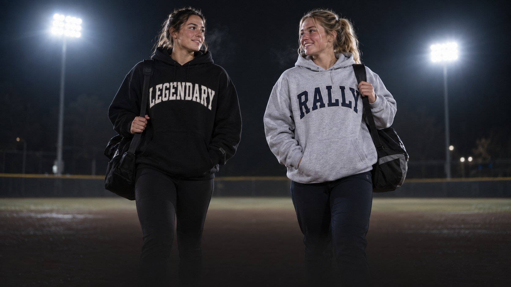 Two teammates walking off a floodlit field at night in the Legendary and RALLY hoodies