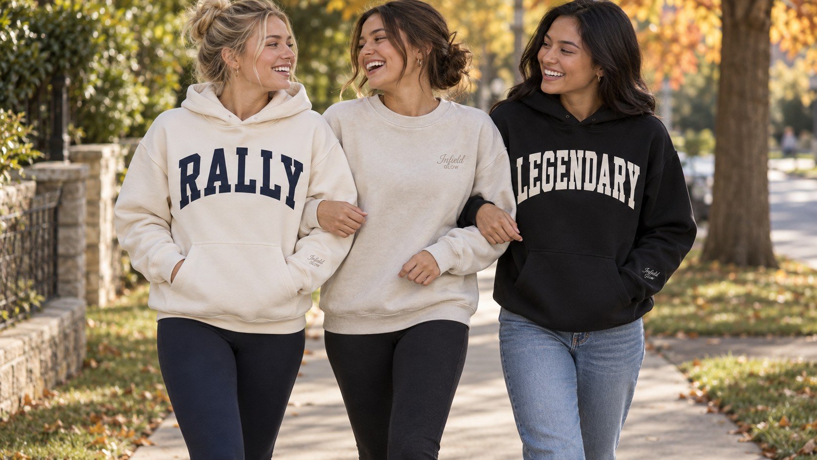 Three friends walking a tree-lined street in the RALLY hoodie, Infield Glow Script Crew and Legendary hoodie