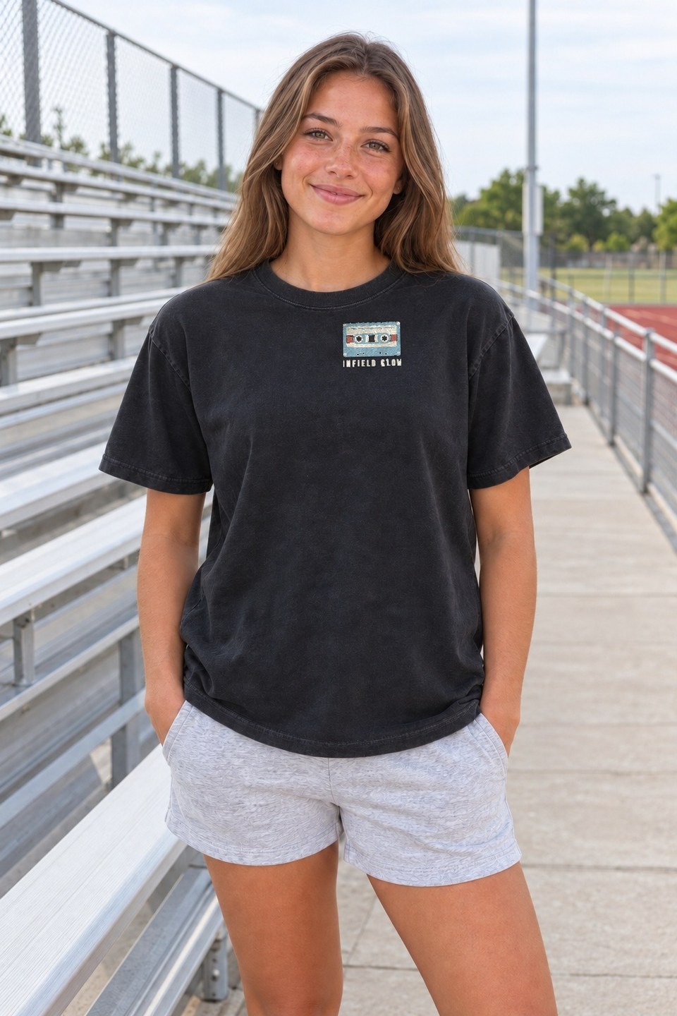 Softball on Repeat Tee in Washed Black — front view