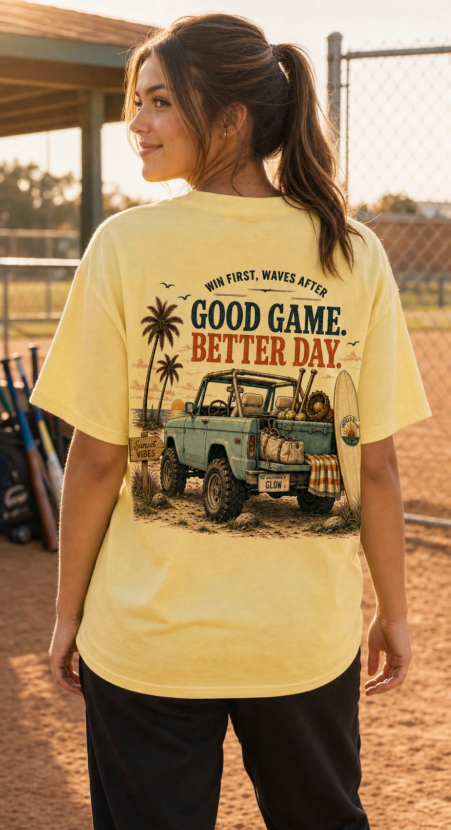 Win First, Waves After Tee in Lemon Yellow — back view